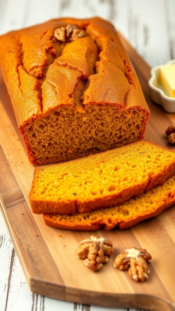 Pumpkin Bread Recipe A loaf of pumpkin bread sliced on a cutting board, showcasing its moist texture, with walnuts and butter on the side.